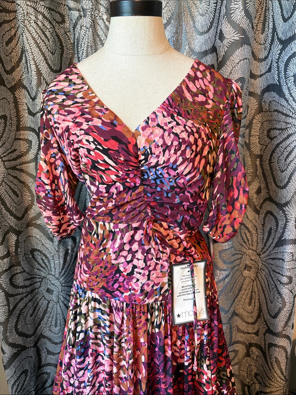 Vince Camuto Pink Multi-Color V-Neck Ruched Midi Dress